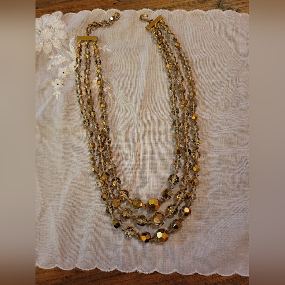 Triple Strand Champagne AB Crystal Necklace - Picture 3 of 5